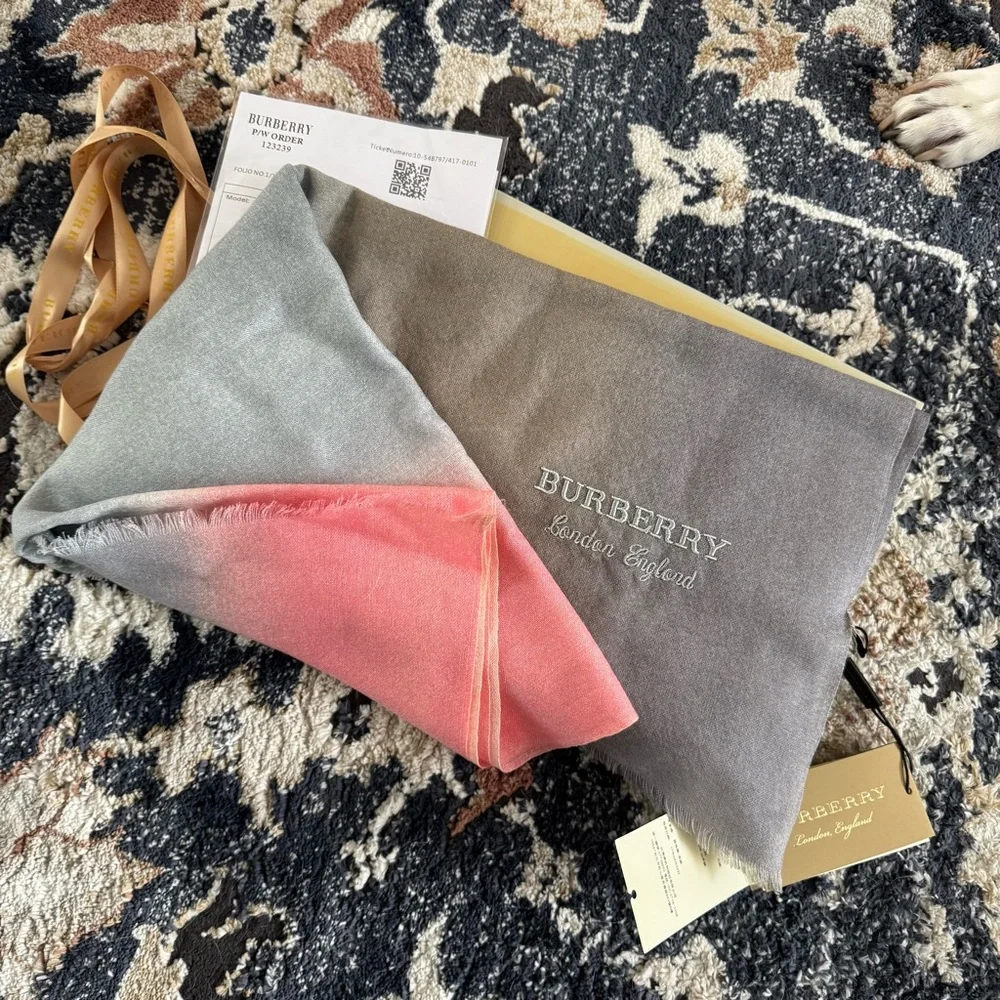 Burberry Gray and Pink Scarf Ombré Cashmere Silk Blend Quiet Luxury